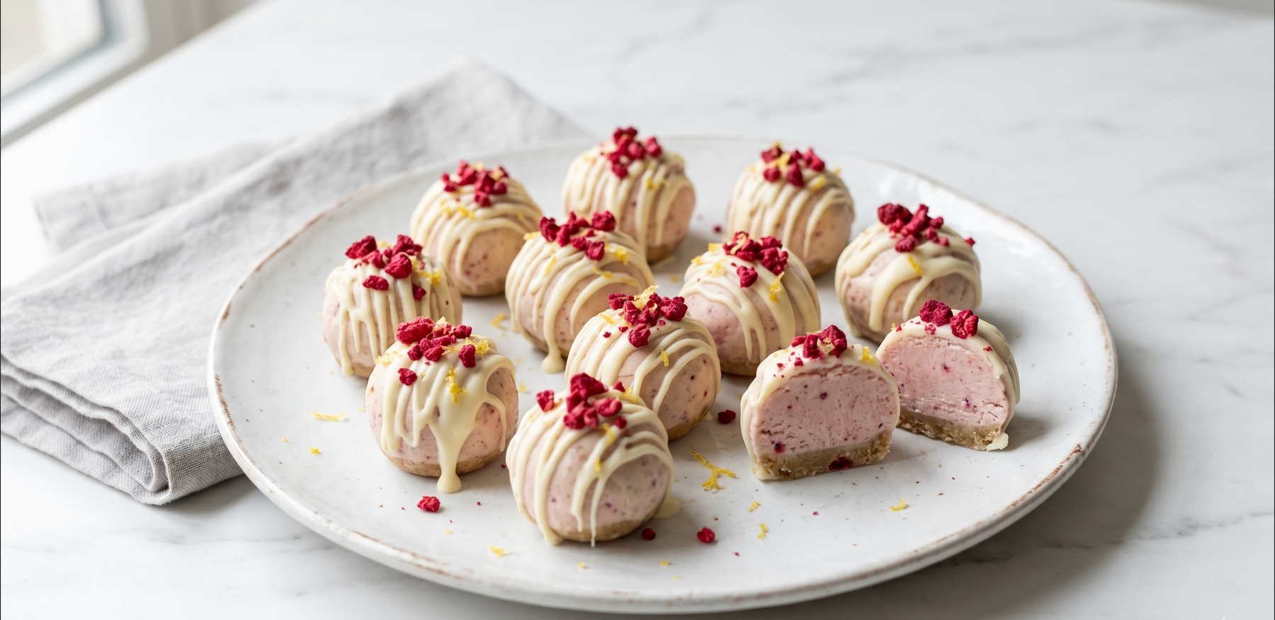 Lemon Raspberry Cheesecake Protein Bites