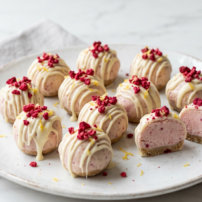 Lemon Raspberry Cheesecake Protein Bites