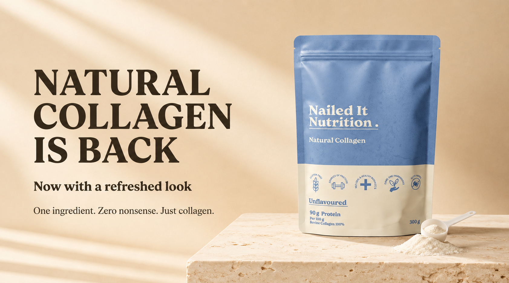A stand-up pouch of Nailed It Nutrition Natural Collagen protein powder in a blue and off-white package, displayed on a stone pedestal with a scoop of powder beside it. Large text on the left reads 'NATURAL COLLAGEN IS BACK' with additional promotional copy on a warm beige background with soft shadow overlays.
